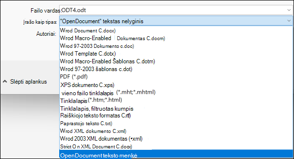 „Word“ dokumento įrašymo ODT4 formatu ekrano iškarpa
