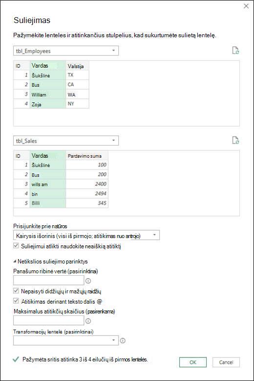 „Power Query“ neaiškios suliejimo parinktys