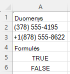 Funkcijos REGEXTEST naudojimas tikrinti, ar telefono numeriai yra konkrečioje sintaksėje, naudojant šabloną ^\([0-9]{3}\) [0-9]{3}-[0-9]{4}$