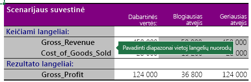 Scenarijaus suvestinė su pavadintais diapazonais