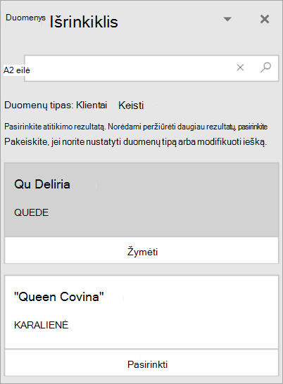 Duomenų išrinkiklio srities ekrano nuotrauka.
