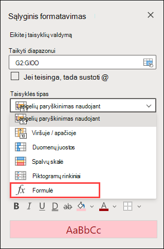 Pasirinkite formulės taisyklę