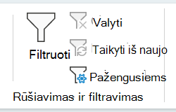 Ekrano nuotrauka, kurioje matyti skirtuko Duomenys skyrius Rikiavimas ir filtravimas.