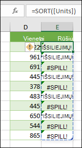 #SPILL! klaida – lentelės formulė