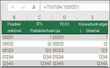 Pavyzdžiai, kaip naudojant TEXT formatuoti priekyje esančius nulius. =TEXT(A2,00000)