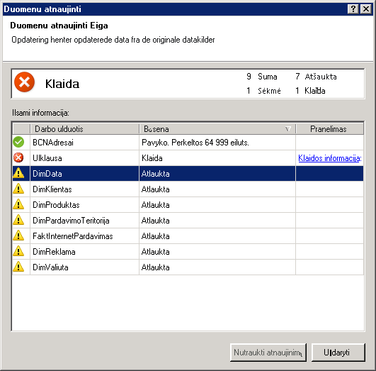 „PowerPivot“ duomenų atnaujinimo būsenos pranešimai