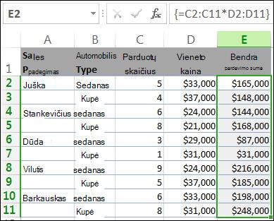 E stulpelio sumos apskaičiuojamos masyvo formule