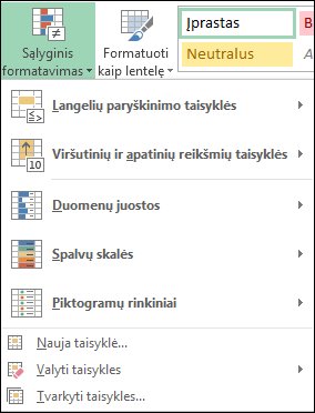 Sąlyginio formatavimo meniu su pažymėta parinktimi Taisyklių valdymas