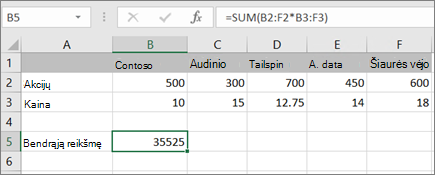 Masyvo formulės, kurioje apskaičiuojamas vienas rezultatas, pavyzdys