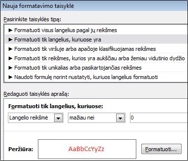 Sąlyginio formatavimo taisyklė, pagal kurią už 0 mažesni skaičiai rodomi raudonu tekstu