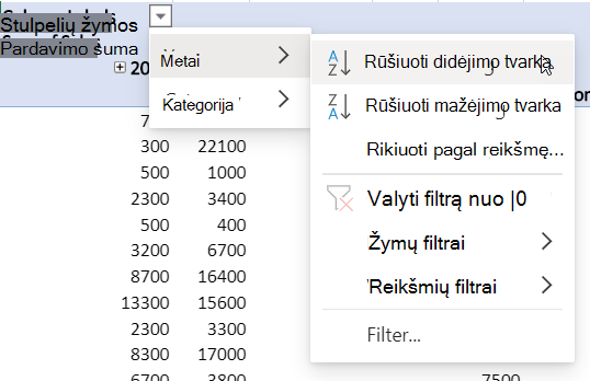 Eilučių sritis su kombinuotais filtrais