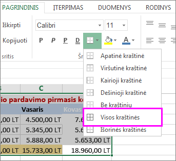 lentelės arba duomenų diapazono kraštinių pridėjimas