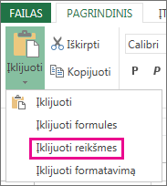 „Excel Web App“ komanda Įklijuoti ir parinktis Įklijuoti reikšmes