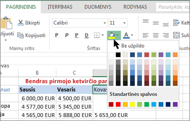 užpildo mygtukas ir parinktys juostelėje