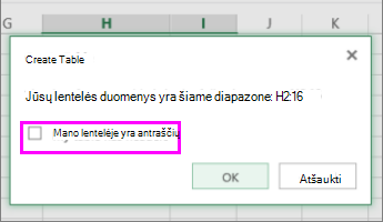 Dialogo langas, skirtas duomenų diapazonui į lentelę konvertuoti