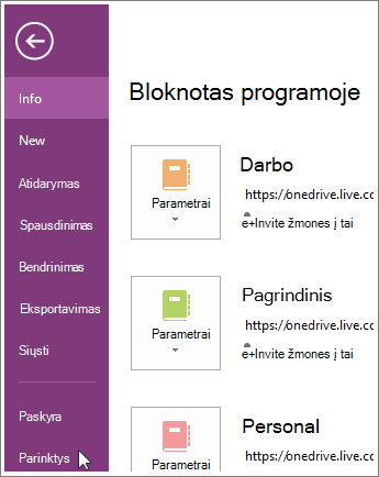 „OneNote“ parinktys
