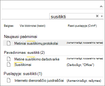 Naudokite funkciją Ieška ir ieškokite visuose „OneNote“ bloknotuose.