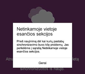 Pranešimas apie netinkamoje vietoje esančias sekcijas programoje 