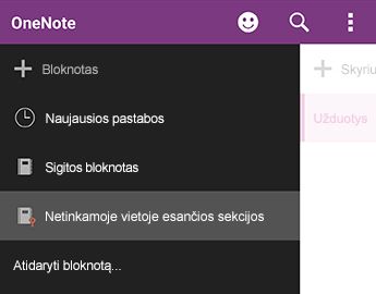 Netinkamoje vietoje esančios sekcijos programoje „OneNote“, skirtas „Android“