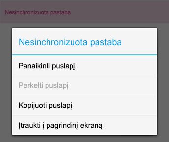 Pastabos meniu programoje „OneNote“, skirtas „Android“