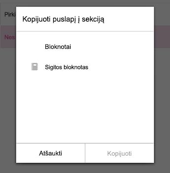 Meniu Kopijuoti puslapį programoje „OneNote“, skirtas „Android“