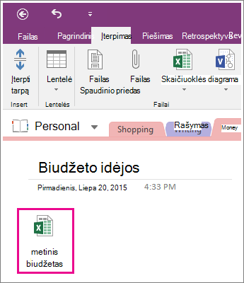 Pridėtos skaičiuoklės programoje „OneNote 2016“ ekrano nuotrauka.