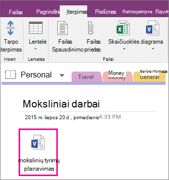 Ekrano kopija, kurioje rodoma, kaip įtraukti „Visio“ failą į „OneNote 2016“ puslapį.