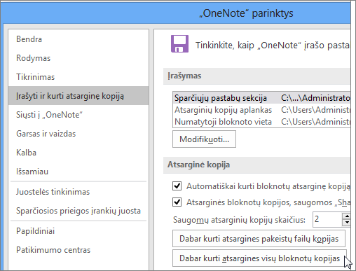 Screenshot of the OneNote Options dialog box in OneNote 2016.