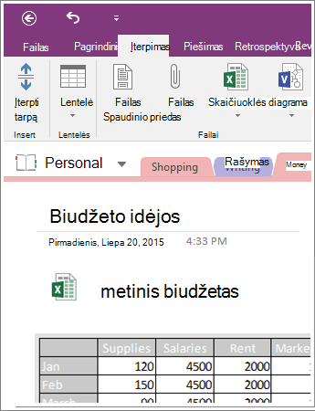 Įterptos skaičiuoklės programoje „OneNote 2016“ ekrano nuotrauka