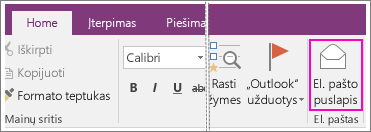 El. pašto mygtuko ekrano nuotrauka programoje „OneNote 2016“.
