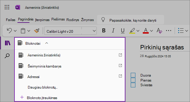 „OneNote“ bloknotų išplečiamojo sąrašo pavyzdžių ekrano nuotrauka