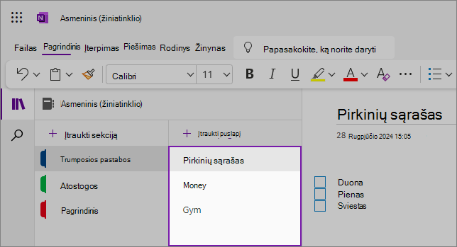 „OneNote“ žiniatinklio sąsajos vaizdas, rodantis turinio sritį