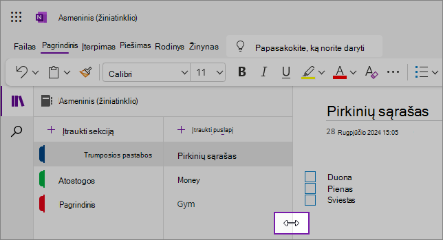 Ekrano kopijos, kuriose rodoma, kaip keisti „OneNote“ naršymo sričių dydį