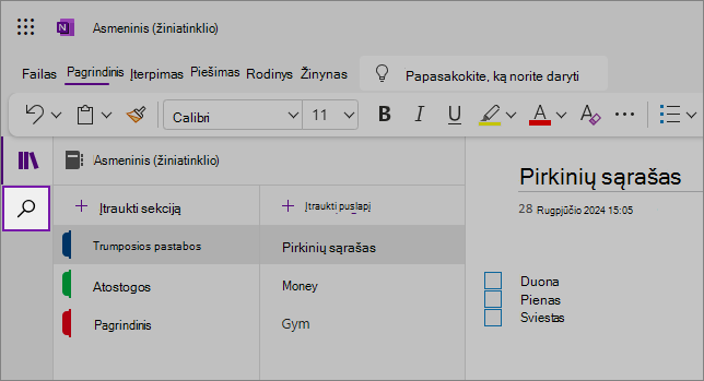 „OneNote“ žiniatinklio sąsajos vaizdas, rodantis turinio sritį