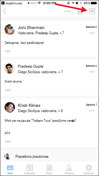 Galite archyvuoti pranešimą bakstelėdami mygtuką Archyvas