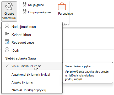 Juostelėje pasirinkite Grupės parametrai, tada pasirinkite, kuriuos elementus norite stebėti arba kurių nebestebėti