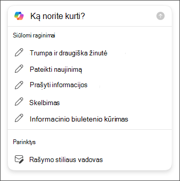 Ilgio ir tono parinktys, kurias galima pasirinkti kuriant el. laiškus programoje „Outlook“ naudojant „Copilot“.