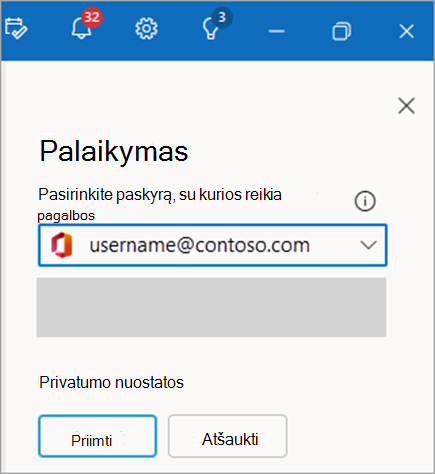 Kreipimosi į palaikymo tarnybą ekrano kopija