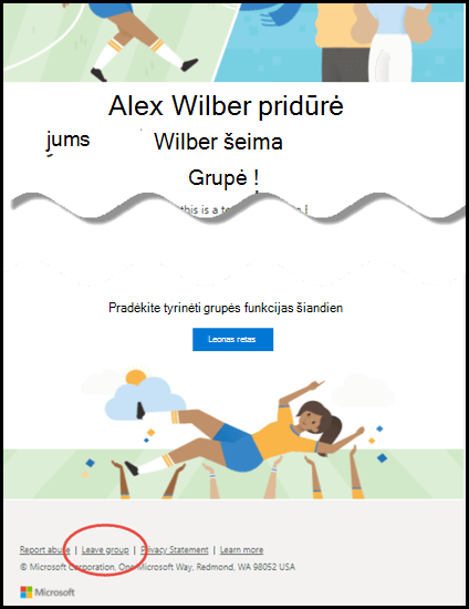 Pasveikinimo pranešimas iš Outlook.com grupės, kuriame rodomas jus į grupę įtraukusio asmens vardas ir saitas Palikti grupę pranešimo apačioje.