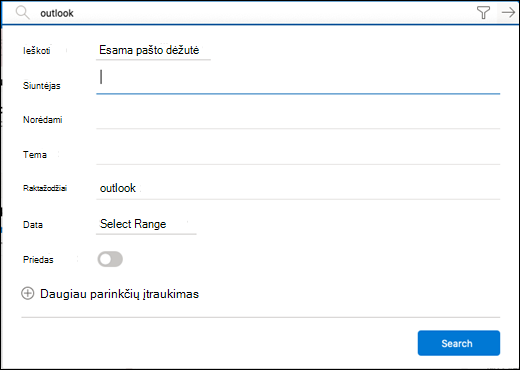 Filtro meniu ieškai.