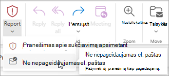 Galite naudoti mygtuką Pranešti > ne apie nepageidaujamą el. paštą, norėdami atkurti laišką iš aplanko Nepageidaujamas el. paštas, tada nurodyti 