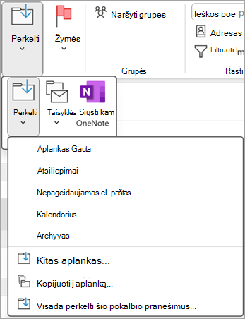 Pasirinkite panaikintą elementą, kurį norite atkurti, ir naudodami juostelės mygtuką Perkelti perkelkite jį į kitą aplanką.