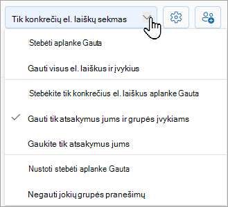 Išplečiamajame sąraše bus rodomos jūsų stebėjimo parinktys: stebėti aplanke Gauta, stebėti tik konkrečius el. laiškus aplanke Gauta arba nustoti stebėti aplanke Gauta.