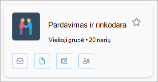 Grupės kortelėje rodomas grupės pavadinimas, narių skaičius ir yra el. pašto, failų, kalendoriaus ir narių piktogramos.