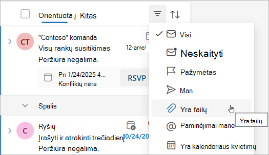Norėdami rasti visus laiškus su priedais, pasirinkite failus.