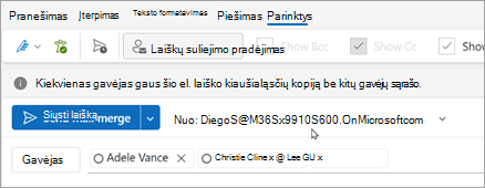 Pradėkite laiškų suliejimą su gavėjais. Kiekvienas gavėjas gaus savo el. laiško kopiją be kitų gavėjų.