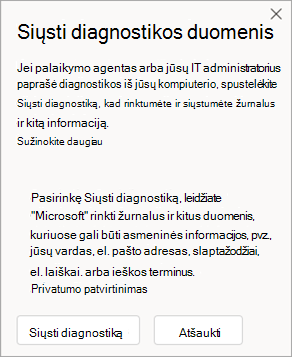 Lango, kuriame rodoma, kaip siųsti diagnostikos duomenis kalbant su agentu, ekrano kopija