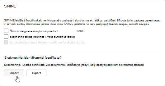 S/MIME puslapio skaitmeninių identifikatorių sekcijų dalyje Parametrai ir importavimas ekrano nuotrauka