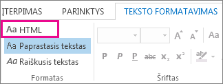 HTML formato parinktis laiško skirtuke Formatuoti tekstą