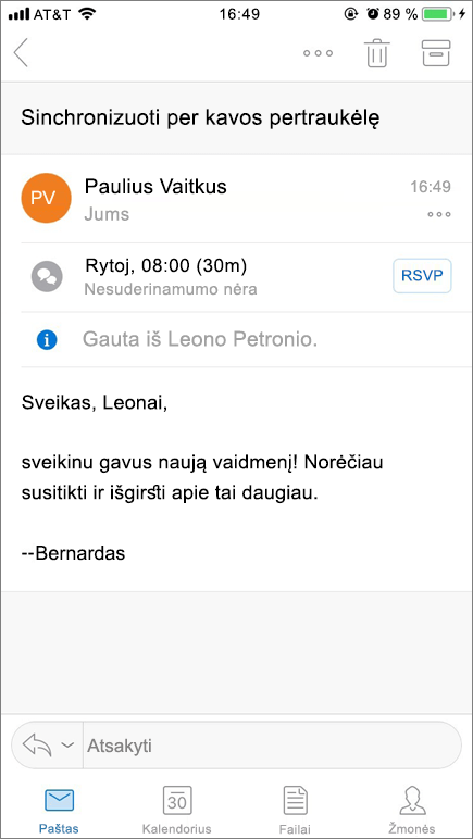 Ekrano nuotraukoje pavaizduotas mobiliojo įrenginio ekranas su pašto elementu.